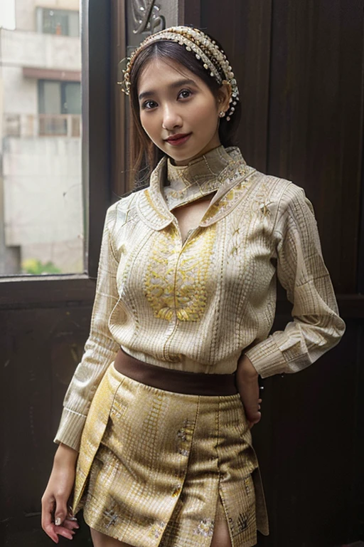 (realistic:1.3), insane detailed, quality, (masterpiece:1.2), (photorealistic:1.2), (best quality), (detailed skin:1.3), (intricate details), ray tracing, ((full body)), (((1girl))), (((1 person))), 20 years old,modern plain hijab, smile, yellow clothes, dark brown skirt with pattern, skirt pattern, earrings, necklace, Javanese ornament, (blurred background)