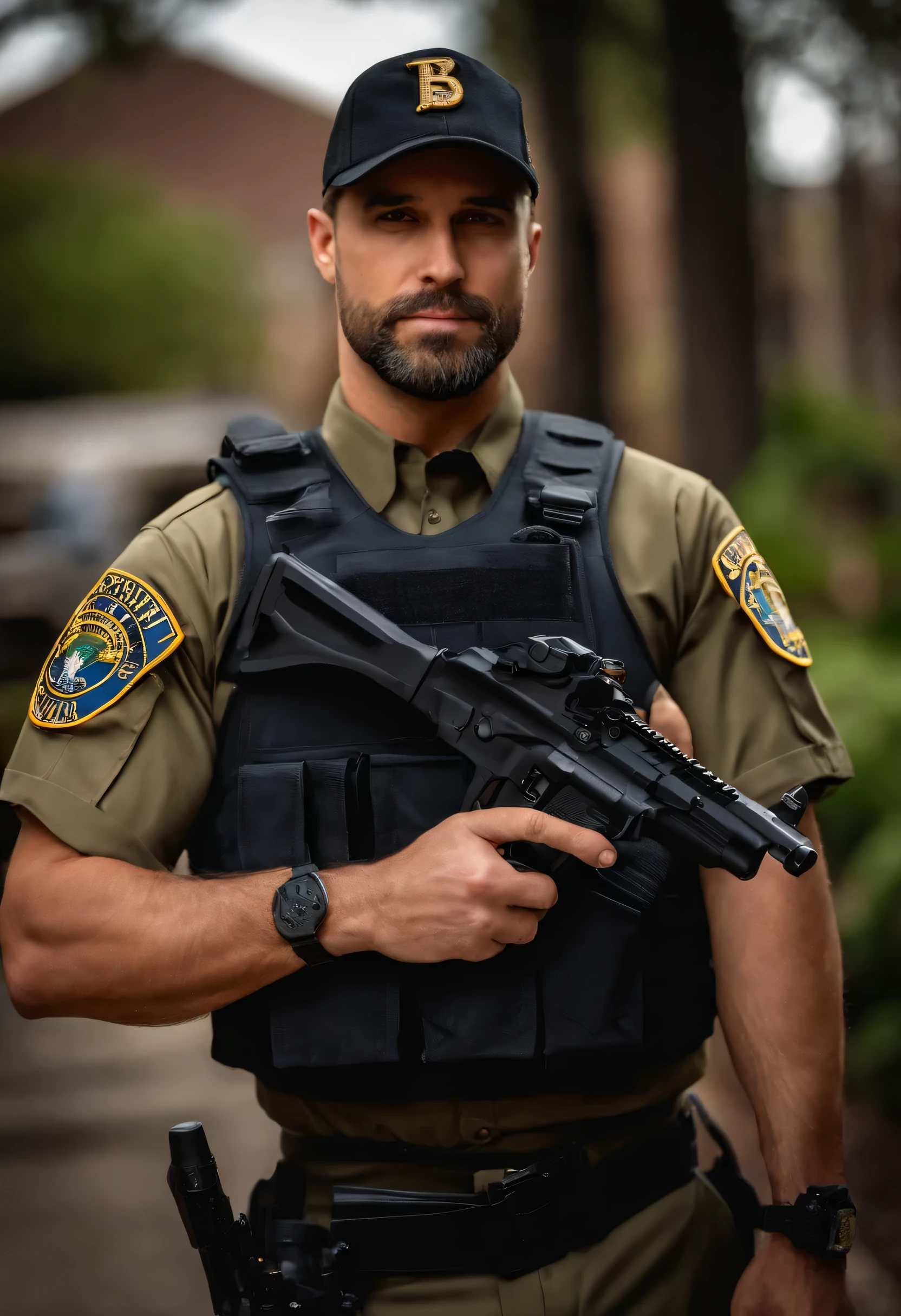 homem atraente de 30 anos em uniforme do FBI, Bela barba , Vestido com uniforme oficial Sexy do FBI, Including bulletproof vest with Agency emblem, Holds an FBI standard pistol, pronta para uso. Front camera focus, modo retrato, perfectly straight in front of the camera