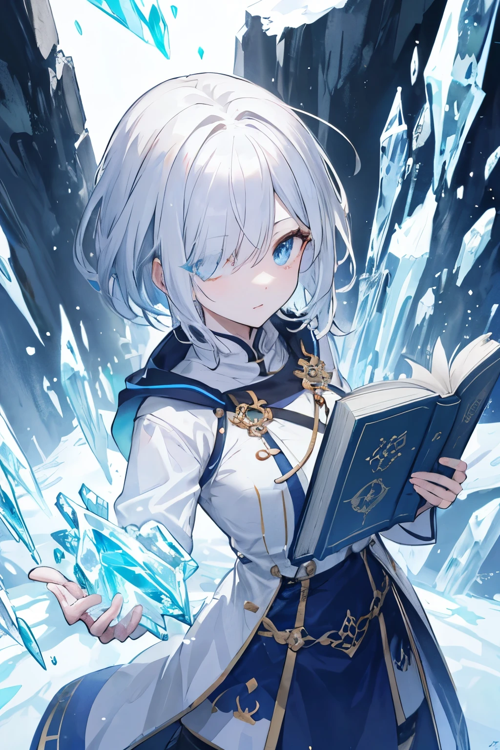 Woman with short hair and a calm and cute look. Hair pulled to one side so one eye is visible.、The other eye is hidden by hair。
The hair is medium length、Lightly wavy。
Pale blue eyes and ice powers: Has the ability to control ice、Freeze enemies or、Can create ice barriers。
Seeker of Knowledge: As a scholar、Value knowledge、He is passionate about discovering ancient ruins and uncovering mysteries during his adventures.。I have a book