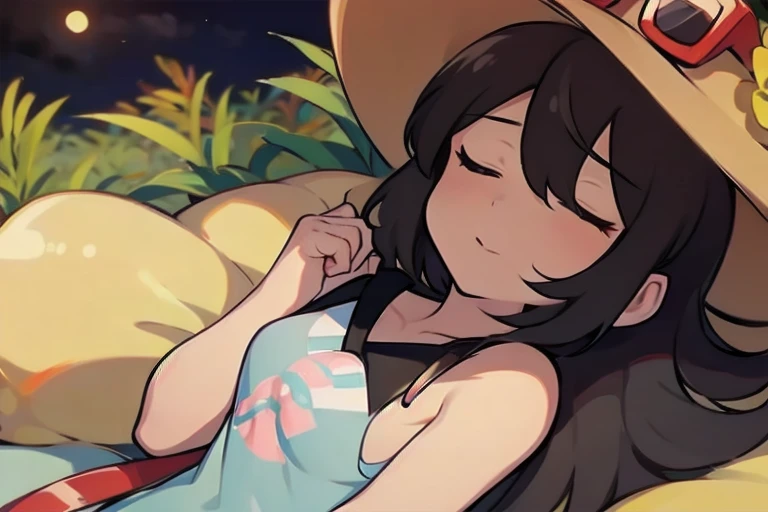 masterpiece, super detail, best quality, beautiful girl, sightseer_pokemon, (sleeping on grass), weed, gloomy forest, night,