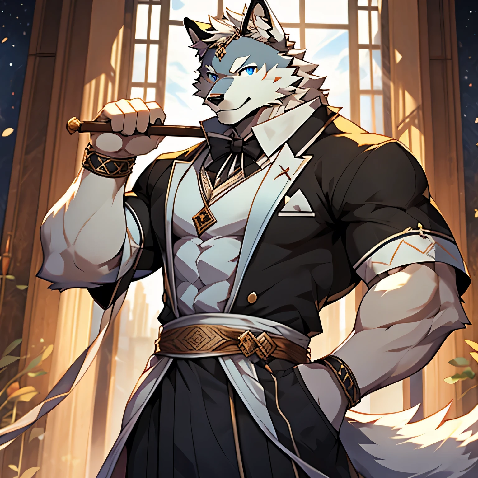 masterpiece, best quality, Fine details，Pure white wolf，Light blue eyes，Warwind Butler set，Confident eyes，Seductive pose，Smile，There are muscles but not much