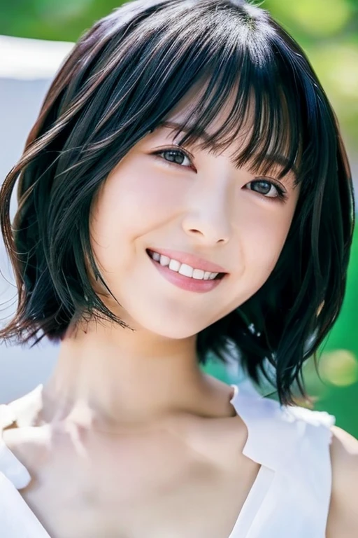 Japanese、Beauty、(masterpiece), (highest quality), (Super Detail), ⁽short hair⁽), (whole body), (1 female), (full body), (Idol), Beautiful fine details, 繊細でBeautiful Face, floating, (High saturation), (underwear), Black Hair, bangs, A big smile, Girl in Love, highest quality, Very detailed, smile, Smart, Beautiful Face, 4K、8K、Lying on your back、Michan、Bed、gravure、