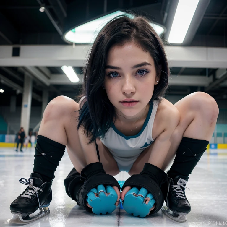 18 year old girl with long dark hair, medium complexion, small waist, big breasts and curvy hips, patinando en hielo, doing artistic positions, usa patines para hielo, wear comfortable clothes for ice skating