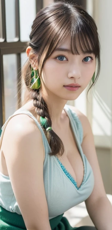 Masterpiece、highest quality、8K,Ultra-high resolution、RAW Photos、UHD、日本people、beautiful girl、1people、woman, (Flower Hair Ornaments,Braided top knot,Twisted Side Part Ponytail Braided Headband,Half Up、Braided Space Van,Voluminous fishtail braid,Twisted pan),(Asymmetrical bangs)、 (Ultra Realistic),round face、 Fine and beautiful eyes, Lifted eyes、Big eyes、(Blue right eye and green left eye:1.6)、double eyelid、Thin eyebrows、Red around the eyes、Dolly Makeup、Thin lips, Loose white blouse、Knitted pastel colored micro mini skirt, A kind smile, Professional photography, Cinematic Light, (Very beautiful face: 1.2),(Large Breasts:1.4)、Cleavage、Voluptuous thighs、Pictured from head to knee
