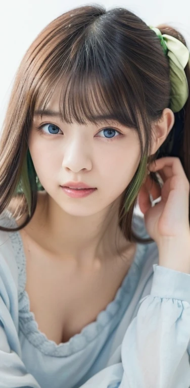 Masterpiece、highest quality、8K,Ultra-high resolution、RAW Photos、UHD、日本people、beautiful girl、1people、woman, (Flower Hair Ornaments,Braided top knot,Twisted Side Part Ponytail Braided Headband,Half Up、Braided Space Van,Voluminous fishtail braid,Twisted pan),(Asymmetrical bangs)、 (Ultra Realistic),round face、 Fine and beautiful eyes, Lifted eyes、Big eyes、(Blue right eye and green left eye:1.6)、double eyelid、Thin eyebrows、Red around the eyes、Dolly Makeup、Thin lips, Loose white blouse、Knitted pastel colored micro mini skirt, A kind smile, Professional photography, Cinematic Light, (Very beautiful face: 1.2),(Large Breasts:1.4)、Cleavage、Voluptuous thighs、Pictured from head to knee