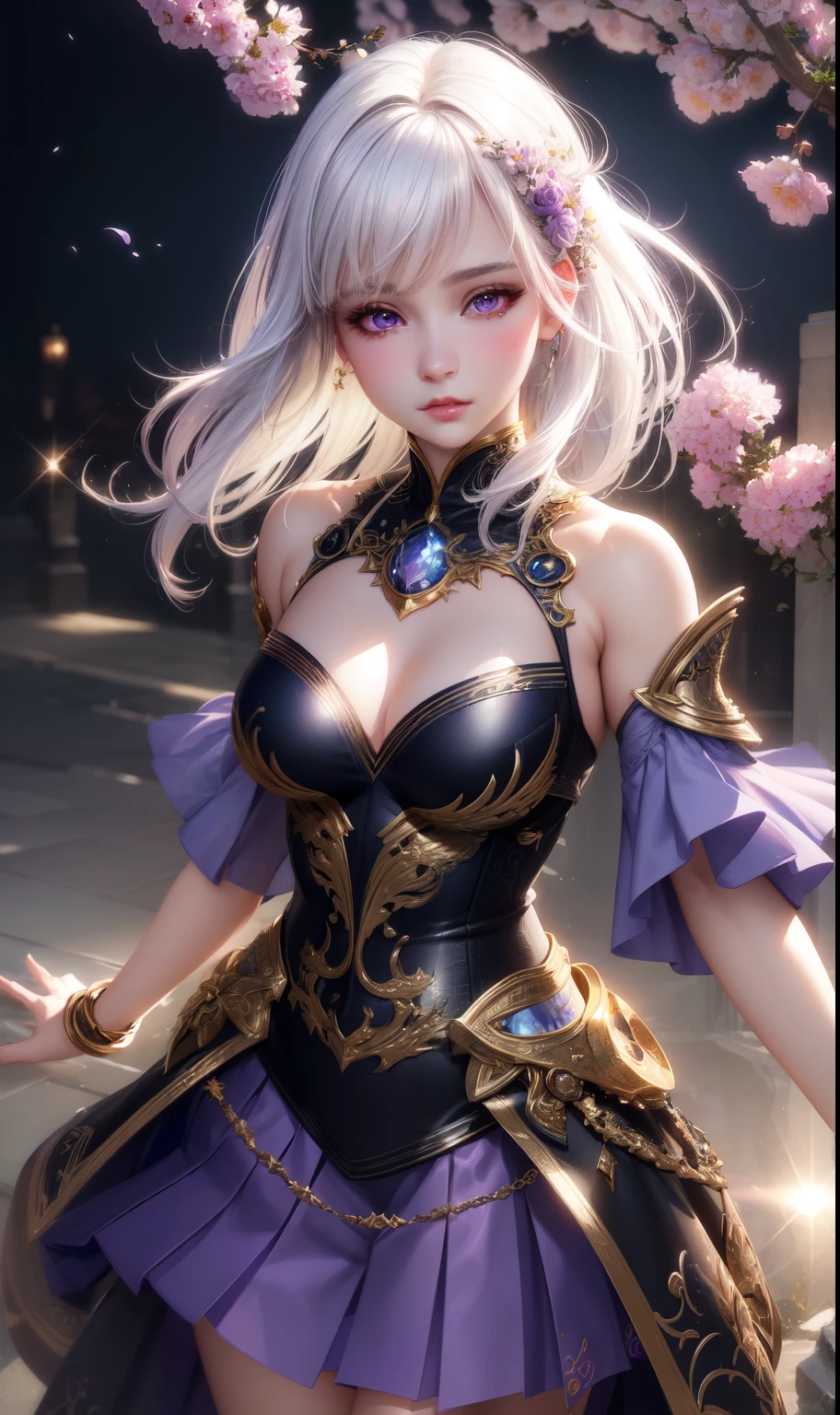 (best quality,photorealistic:1.37),ultra-detailed,fantasy-inspired,white hair,purple eyes,shimmering eyes,short top,skirt,parted lips,blush,night,flowers,sun,sunlight