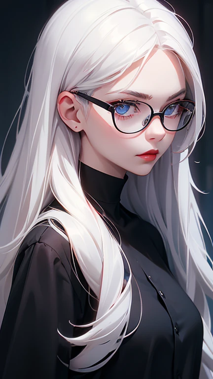 1girl, solo, glasses, long_hair, red_lips, white_hair, round_eyewear, black_shirt, closed_mouth, upper_body, looking_at_viewer, choker, grey_eyes, shirt, black-framed_eyewear, lips, letterboxed, blue_eyes