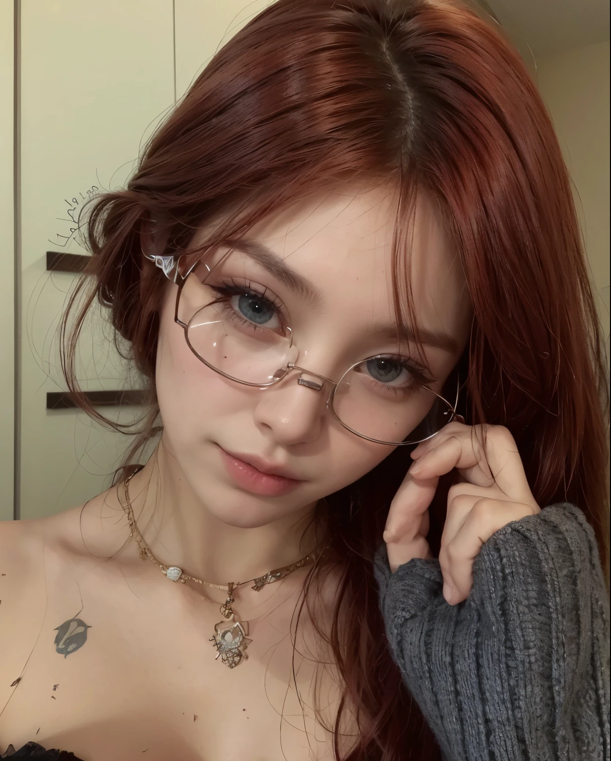 Garota de cabelo vermelho, wearing glasses, olhos azuis, piercings, a pretty necklace around your neck