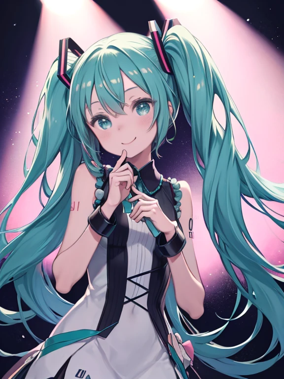 One Girl、Hatsune Miku、Twin tails、smile、colorful、Lovely、Aster piece illuminated by spotlight、highest quality、Perfect Face