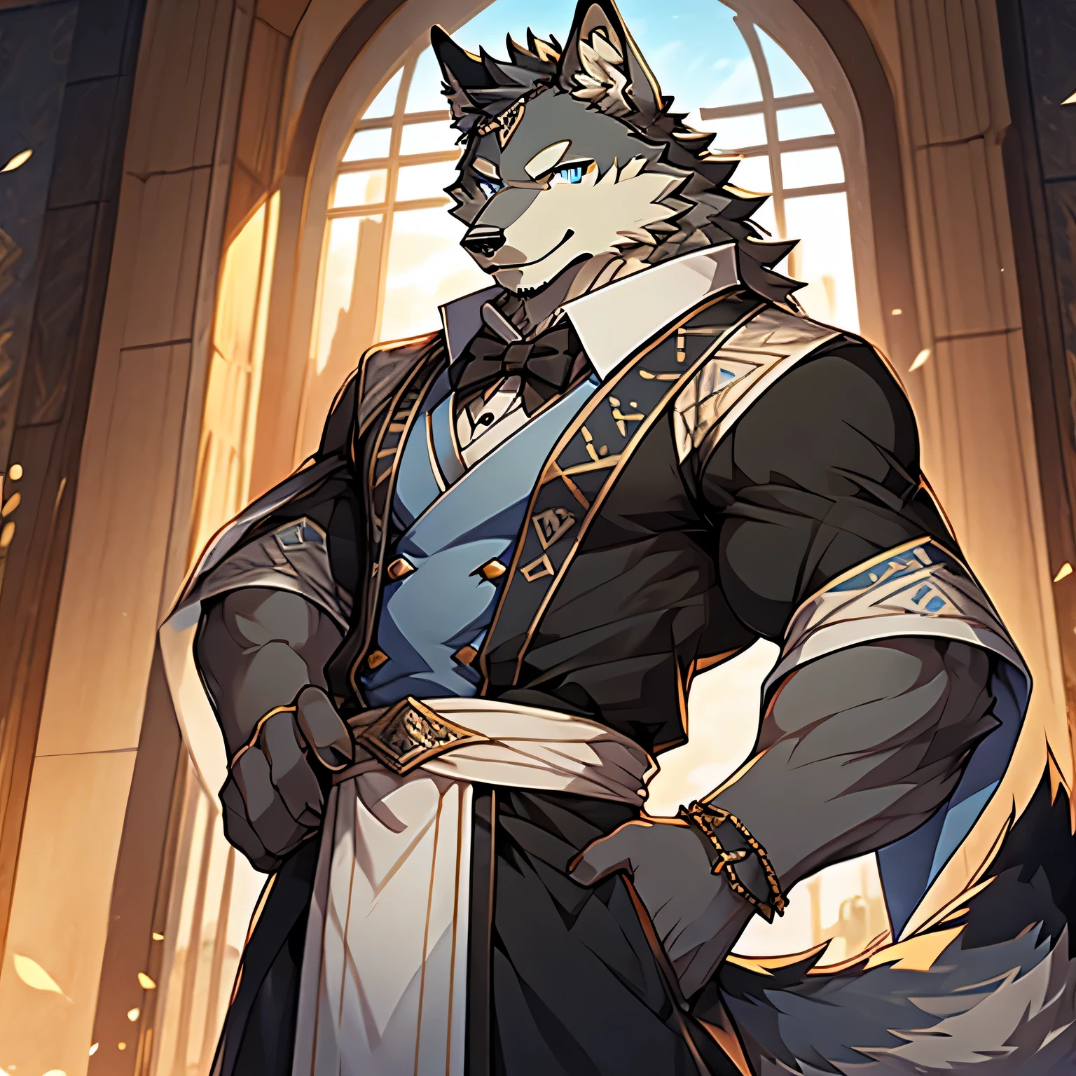 masterpiece, best quality, Fine details，Gray wolf，Light blue eyes，Warwind Butler set，Confident eyes，Seductive pose，Smile，There are muscles but not much