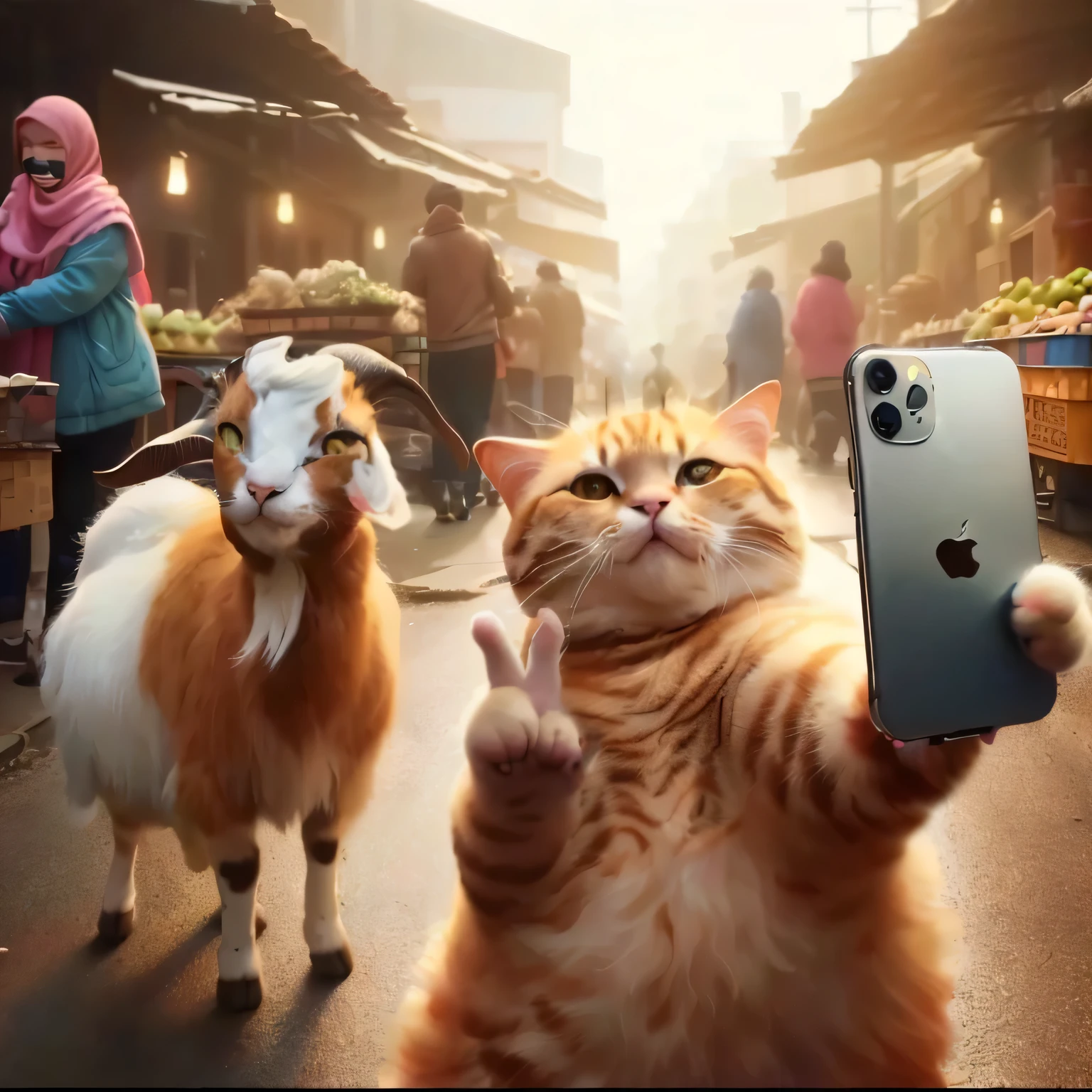 A cat and a goat are standing on the street, hyperRealistic painting, With apple, 🐋 as 🐘 as 🤖 as 👽 as 🐳, Cat-chicken hybrids, Best Photos of 2021, 「Ultra-realistic, ultra Realistic painting, Very surreal, New Cat Movies, Realistic painting, Anthropomorphic cat, Realistic art