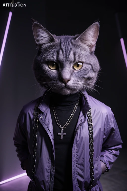 purple cat wearing a purple jacket with onchains text it, purple cat, trending on artstatioin, purple, oncept art, purple background, purple color, purple energy, blockchain, official artwork, digital asset, large chain, awesome cat, purple hue, cryptopunk, clean image, satoshi, trending on artistation, chain