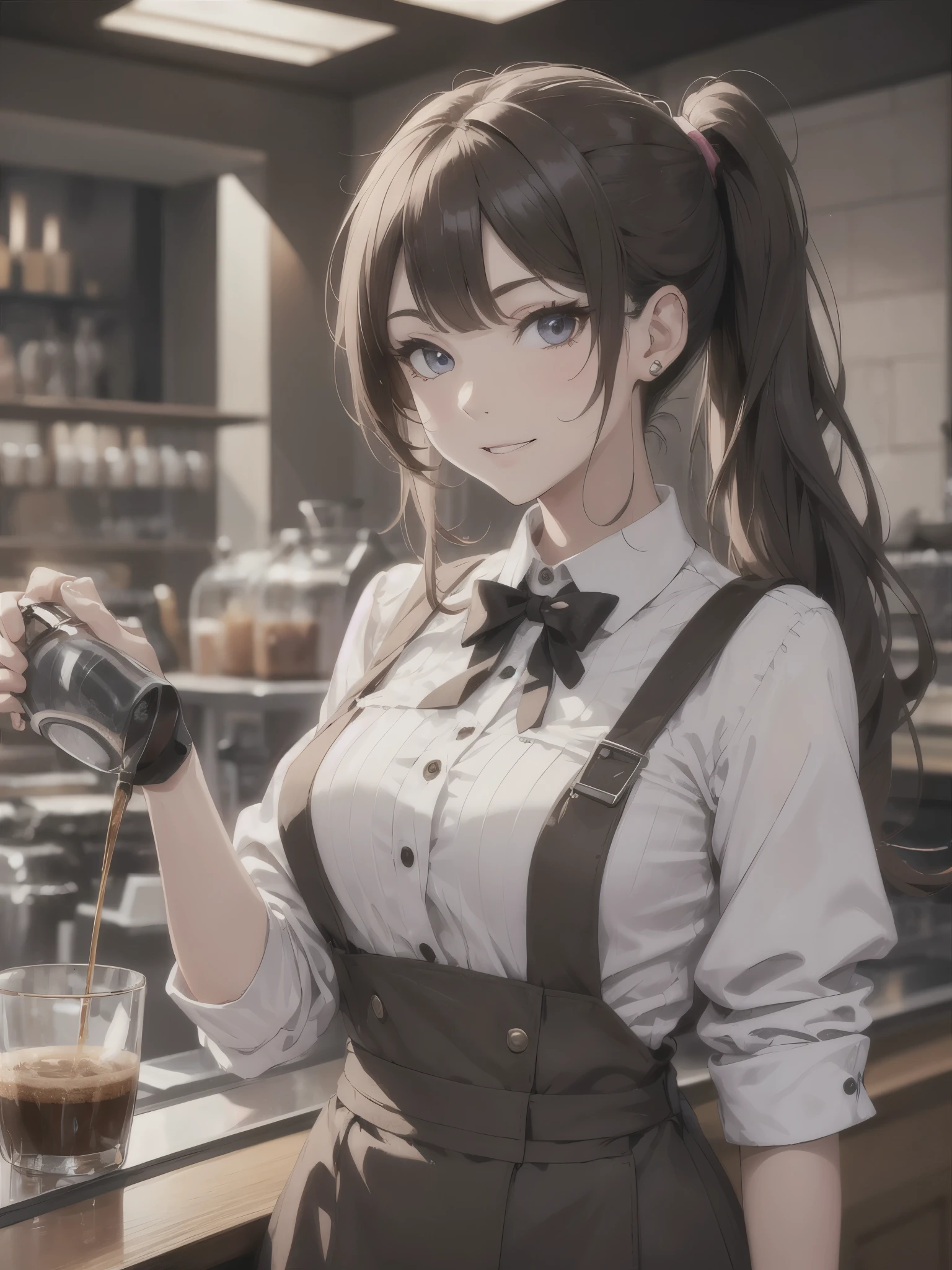 (best quarity,ultra detailed,ultra-high-resolution, 8k, masterpiece), very-cute-and-beautiful-anime-girl,highly-detailed-face-and-eyes, 20 years old, A barista woman brewing coffee with Coffee siphon in cafeteria, grin, long hair, gradation hair, ponytail,