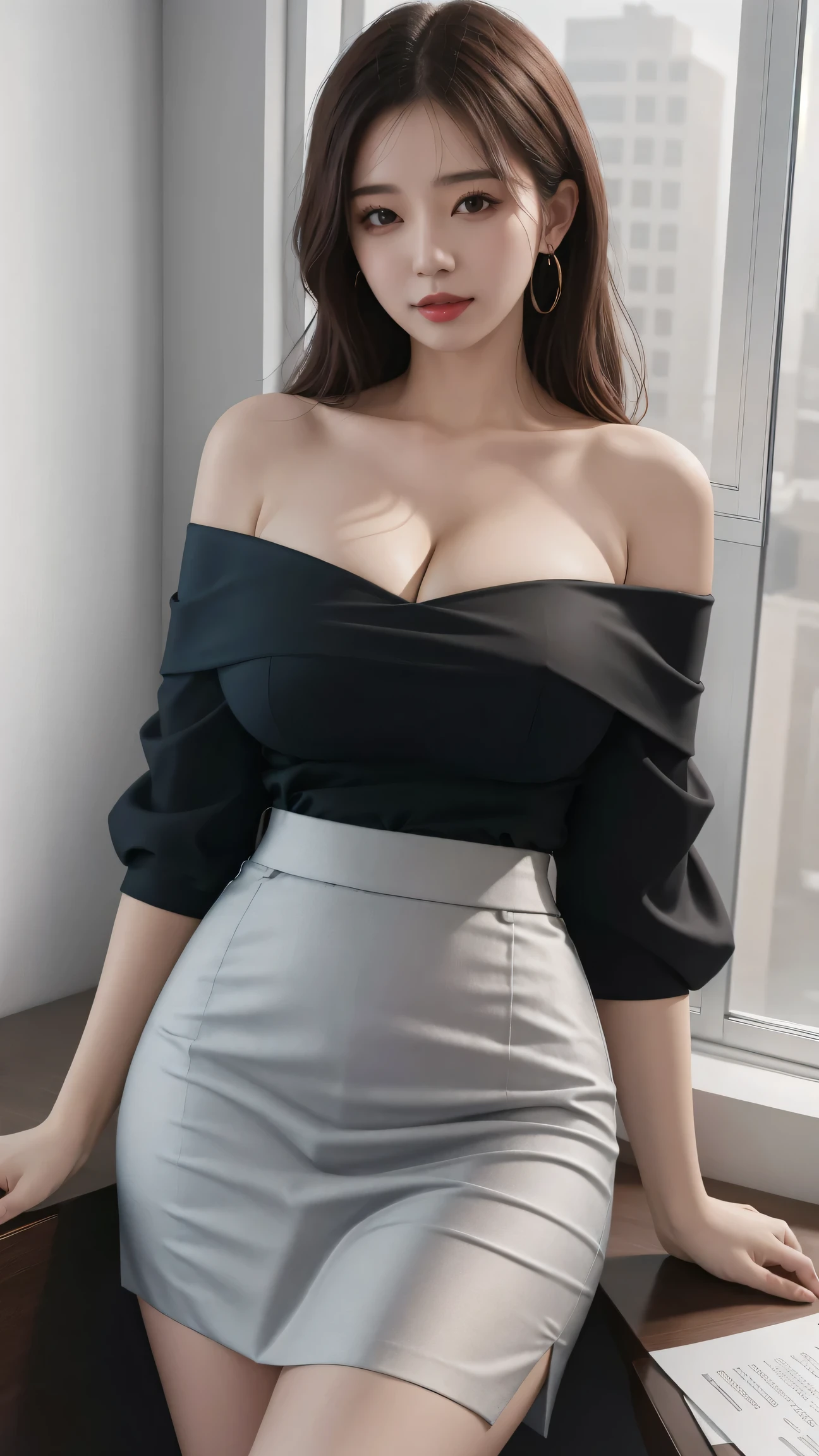 ((best quality)),absurdres,(ultra high res), a office lady in high-waisted skirt and off-the-shoulder top, sleeveless, cleavage, looking at viewer, extreamly detailed, realistic, 8k, Masterpiece, 