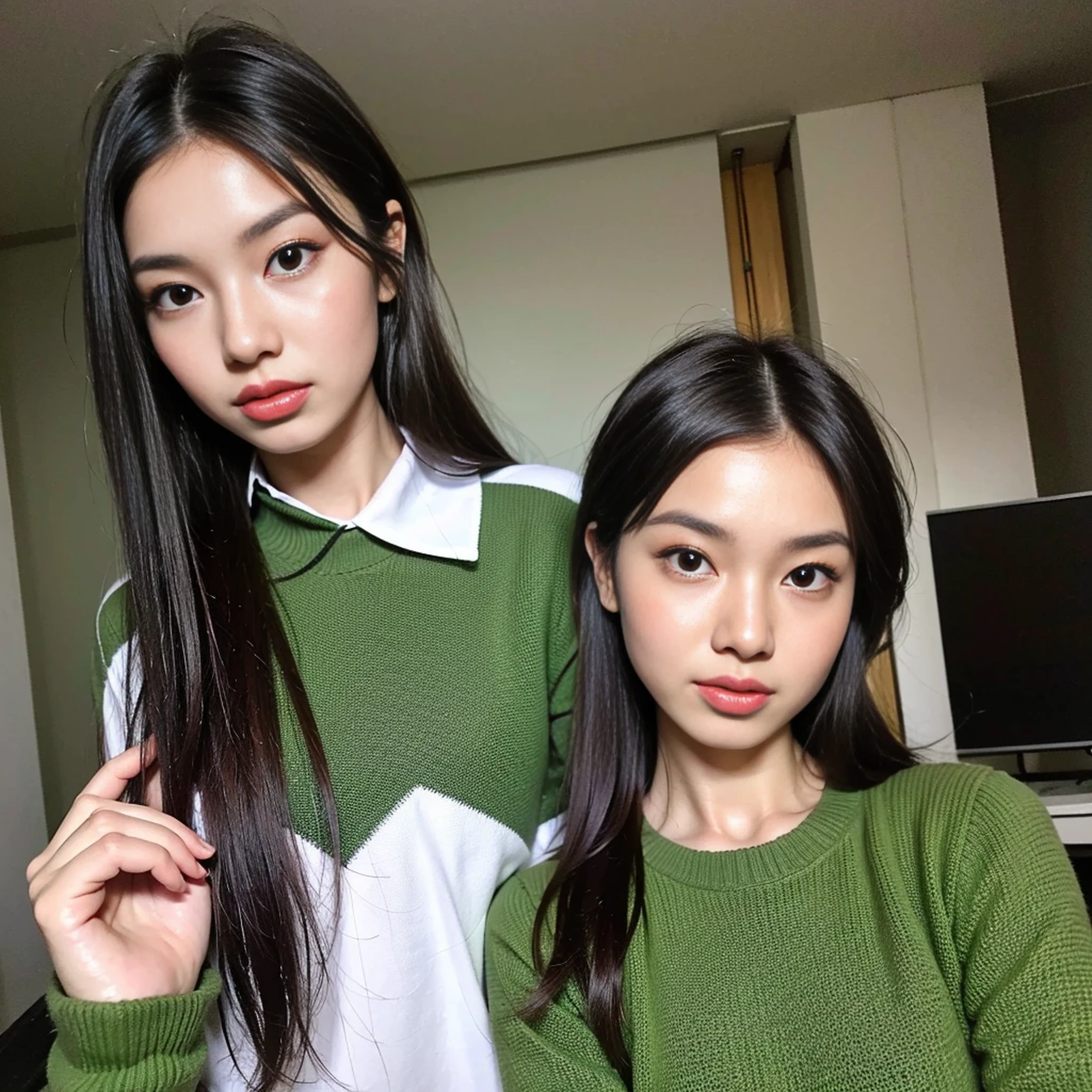 arafed asian woman with short hair and a green sweater, young adorable korean face, portrait of female korean idol, beautiful young korean woman, cute korean actress, with short hair, female actress from korea, gorgeous young korean woman, young cute wan asian face, beautiful south korean woman, korean symmetrical face, girl cute-fine-face, korean girl, korean woman