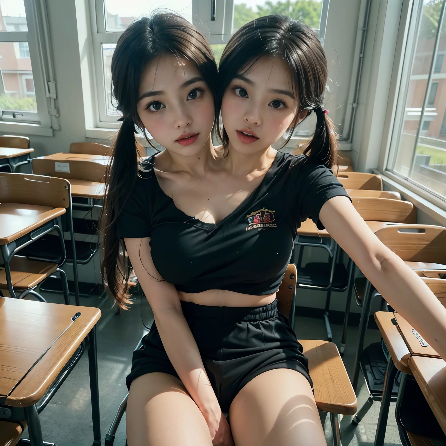 (highest quality、4k、8k、high resolution、masterpiece: 1.2)、Super detailed、(real、photorealistic、photorealistic: 1.37)、beautiful japanese girl、1 person、solo、 (19 years old)、(from the front:1.4)、short sleeve sailor suit 、((panties))、(Reaching sexual ecstasy:1.3) 、sit at desk、She places her hands on the table, spreads her legs wide, and sticks out her crotch to emphasize it.、crotch crack、twin tails、inside the classroom、mynatalee woman, (splitting, mitosis, duplication:1.4), conjoined_dicephalus, (two heads:1.3)