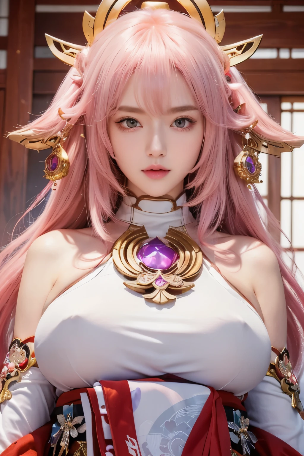 (animetoreal:1),(masterpiece, best quality,high quality,White skin,Beautiful detailed face),(realistic:1.2),photorealistic,perfect lighting,(extremely detailed CG:1.2),(masterpiece, best quality:1.2),1girl, Yae Miko,Yae Miko(genshin impact), long pink hair, fox ears , purple eyes, a large gold ornament, uppper body
