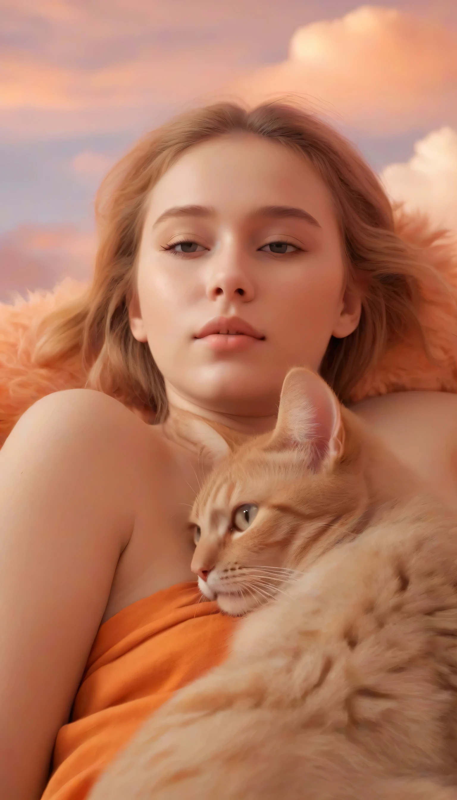 A girl was lying on a fluffy ball,surrounded by a cute baise cat. Fluffy texture,soft clouds,lazy,warm color,orange,32k uhd,elf core,exquisite facial features,advertising inspiration,bold color contrast,
