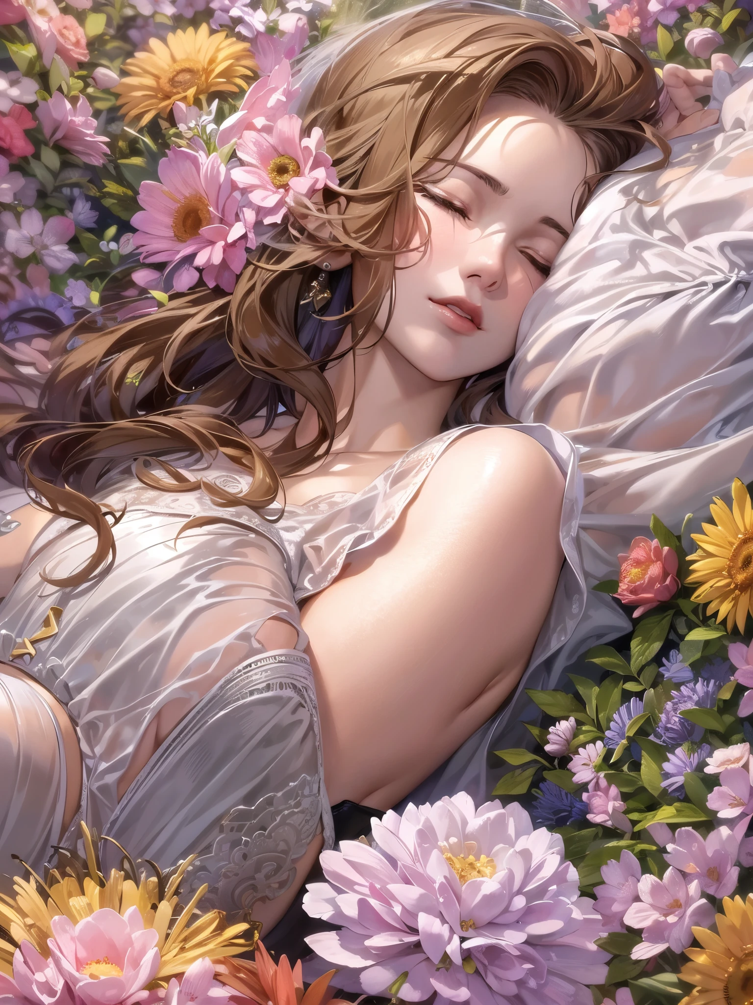 ((highest quality)),(Ultra-high resolution),(Very detailed),(Detailed Description),((The best CG)),(A masterpiece),Ultra-precise art,Amazing drawing art,(Art with precise detail:1.5), (woman:1.4),(Calm sleeping face:1.4), A profusion of flowers:1.6,