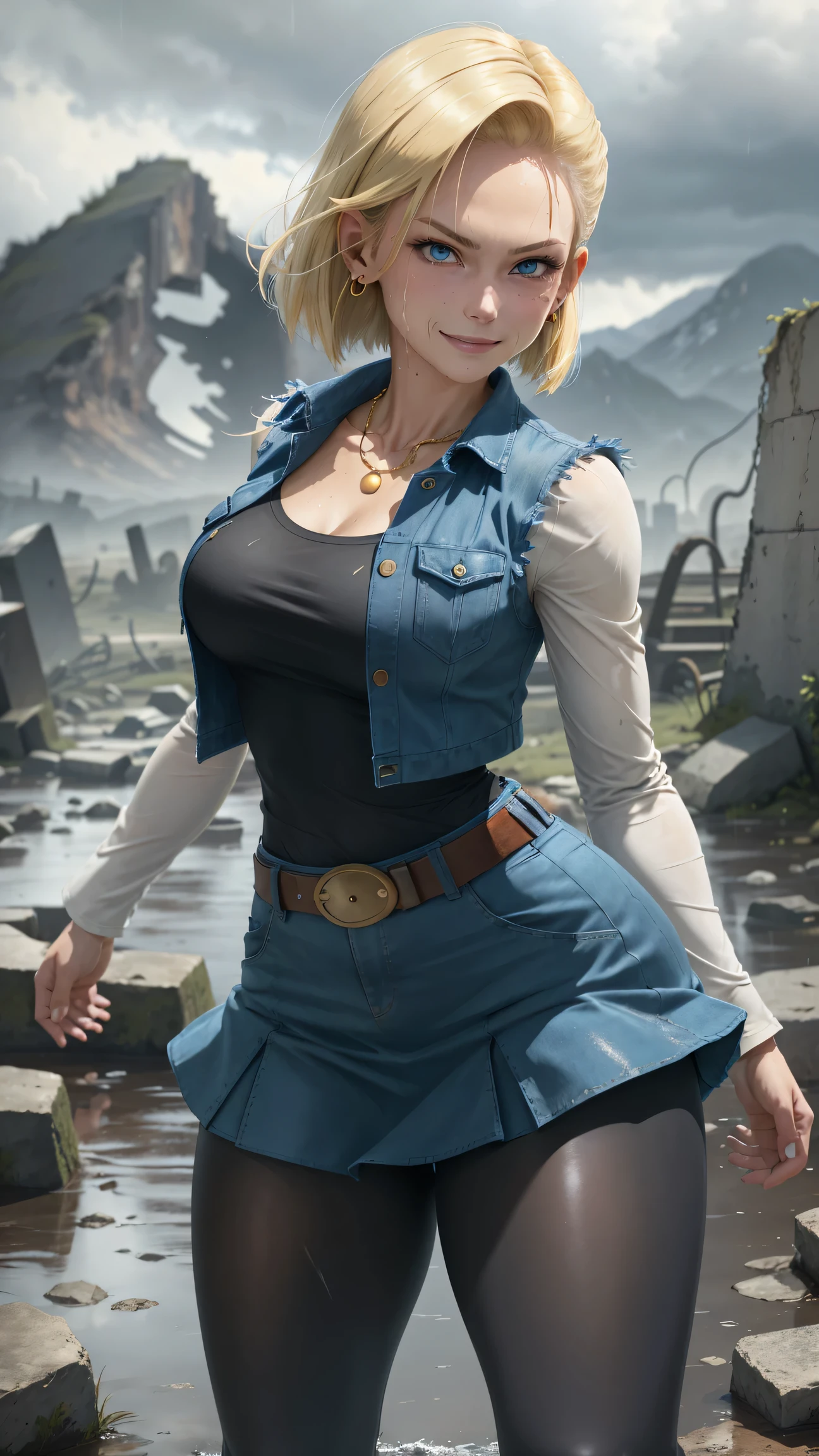 best quality, highres, and18, 1girl, android 18, solo, blonde hair, blue eyes, belt, tight blue demin skirt, gold_necklace, closed fists, black shirt, short hair, long sleeves, earrings, open vest, denim vest, medium breasts, cowboy shot, mountains, straight-on, (weather: raining and windy), wet clothes, fierce smile, combat stance, full length pantyhose, battle ruins, wide hips, thick legs, wet body, dirty clothes,