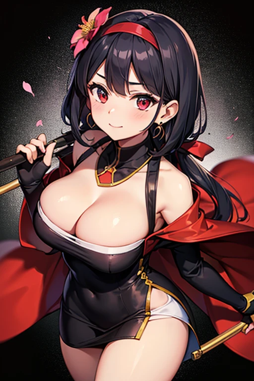 yor briar, anime style beutiful woman, 1girl, happy, sexy pause,(with sparkling eyes and a contagious smile:0.9),red face, closed mouth, beautiful detailed eyes, super detailed skin, backlighting, bare shoulders, black background, black dress, black gloves, black hair, breasts, dress, earrings, fingerless gloves, floating hair, floral print, flower, gloves, gold earrings, gold hairband, hair flower, hair ornament, hairband, holding, holding weapon, jewelry, large breasts, long hair, looking at viewer, off-shoulder dress, off shoulder,red eyes, short hair with long locks, sidelocks, solo, spikes, thighs, two-sided dress, two-sided fabric, weapon, fighting stance , face, close up, from above, highest quality, looking at viewer,high resolution.