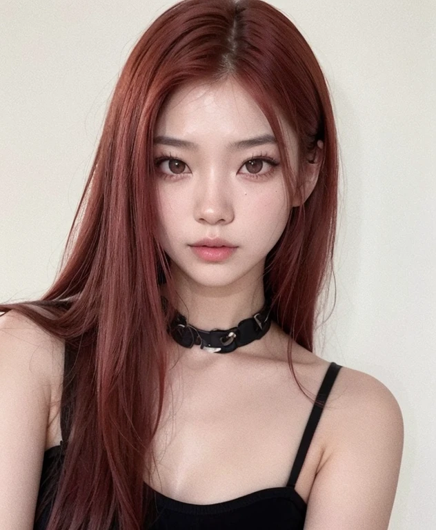 Asian girl with straight red hair, olhos azuis, vestindo uma blusa preta e gargantilha preta