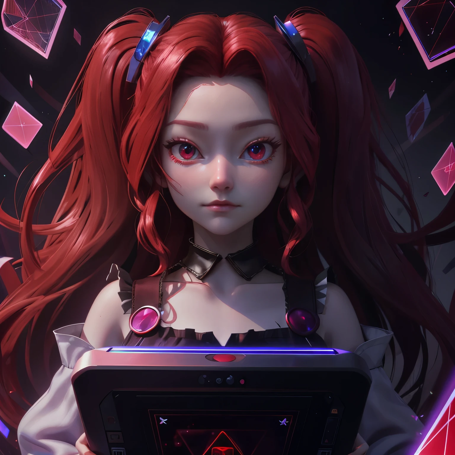 cloudAI,Good looking hologram,The Red Queen is a computer system evil that became highly advanced and self-aware evilness, the program,appearence a 13 years old teenage girl.hologramAI
