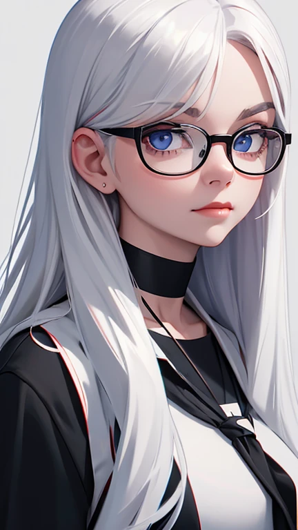 1girl, solo, glasses, long_hair, red_lips, white_hair, round_eyewear, black_shirt, closed_mouth, upper_body, looking_at_viewer, choker, grey_eyes, shirt, black-framed_eyewear, lips, letterboxed, blue_eyes