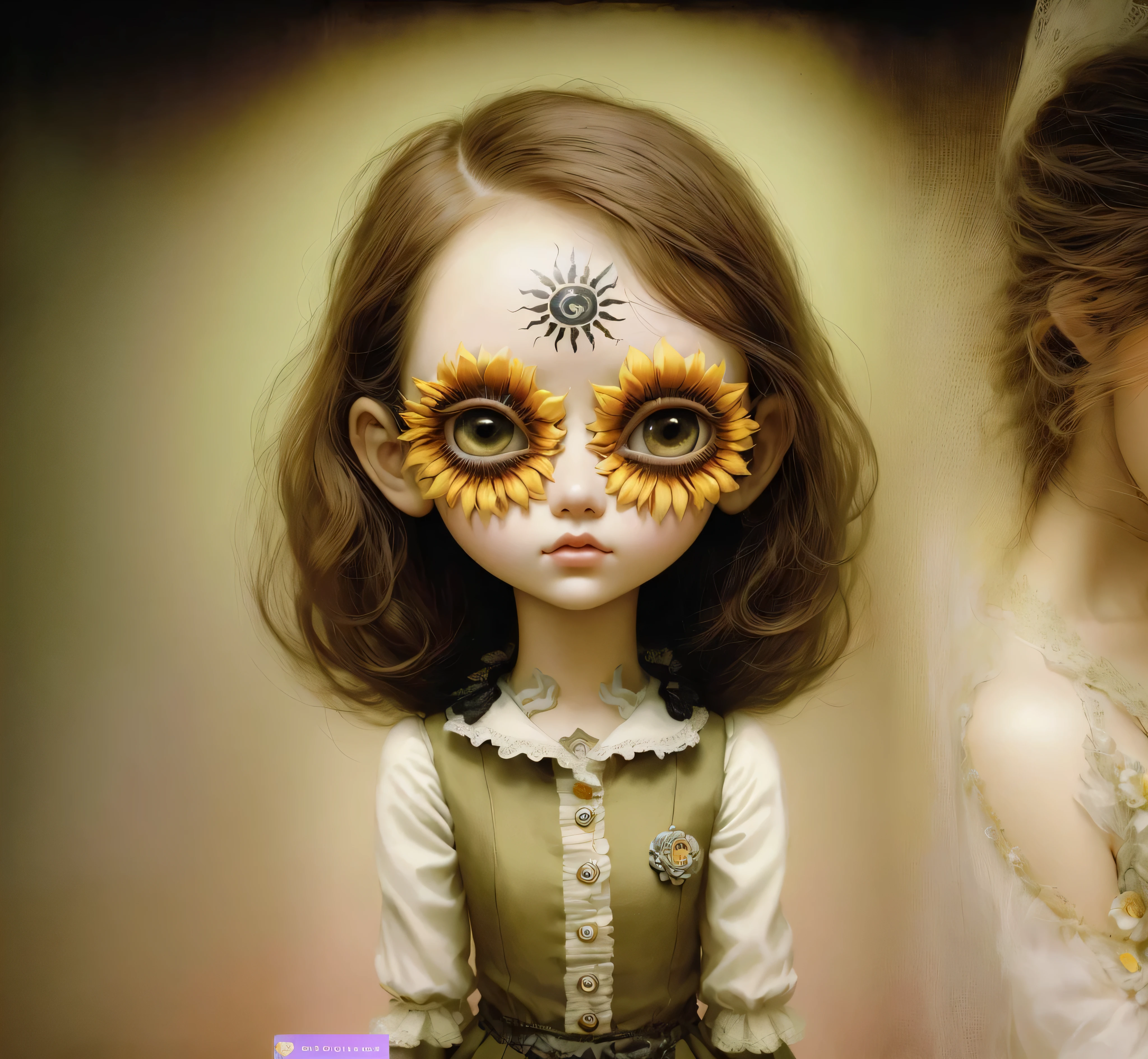 there is a doll with sunflowers painted on her face, mark ryden style, mark ryden in the style of, inspired by Mark Ryden, style of mark ryden, mark ryden highly detailed, detailed big eyes, girl with a flower face, naoto hattori, inspired by Ray Caesar, artdoll, benjamin lacombe, by Mark Ryden