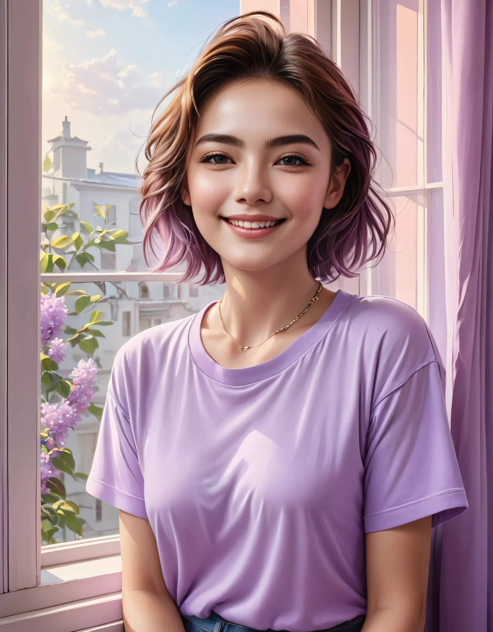 (Higher resolution, clearly_image) best quality, A woman, masterpiece, Very detailed, Semi-realistic, 21 years old, fair, young, Handsome, t-shirt, Lilac shirt pull, Collar around the neck, Internal, modern room, window, wake up, morning, blush, Smile