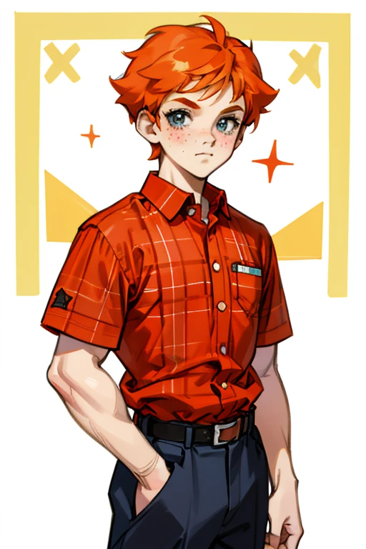 cute 12-years-old ginger irish kid boy, freckles, red plaid shirt, athletic physique, strong body