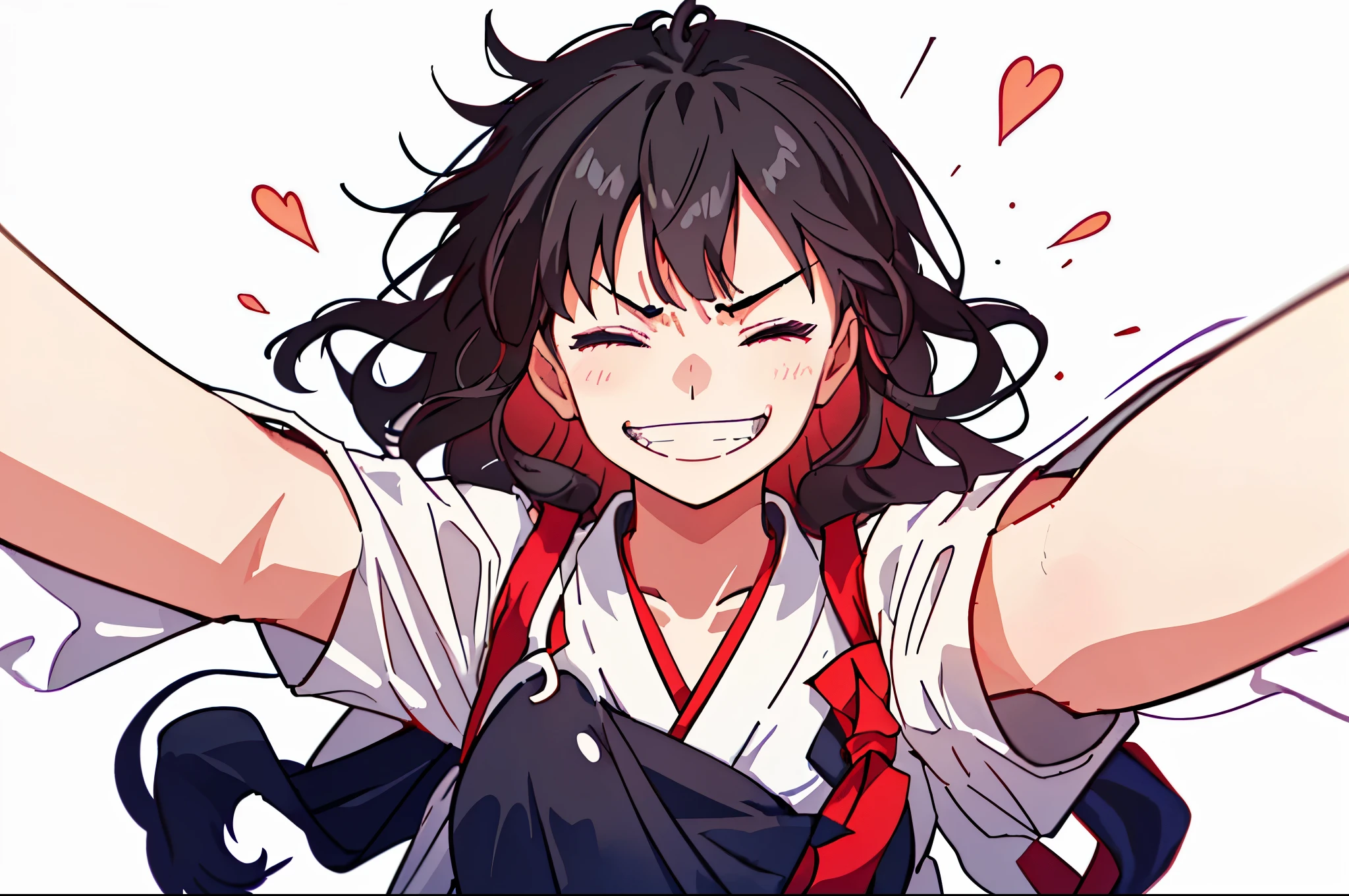 face focus, v-shaped_eyebrows, angry, smile, teeth, smirk, akagi_kantaicollection, long_hair,  black_hair,  closed eyes, miko clothes, 1girl, solo, (masterpiece:1.6, best quality),