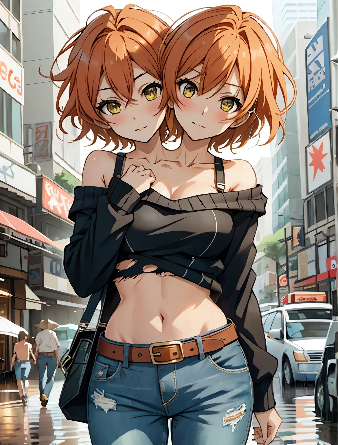 Hoshizora rin, Best Quality,(beauty), 1girl,phisically-based render ,ultra highres,(cowboy shot:1.5),narrow waist, skinny, big eyes,long legs,torn jeans,leather belt,small breasts,puffy eyes, leather belt,(rainy city), shiny skin, facing viewer, Victory posture,(midriff:0.7), sweating, flying sweat drops,torn top,off shoulder,(torn clothes:1.3), conjoined_dicephalus, (two heads:1.3)