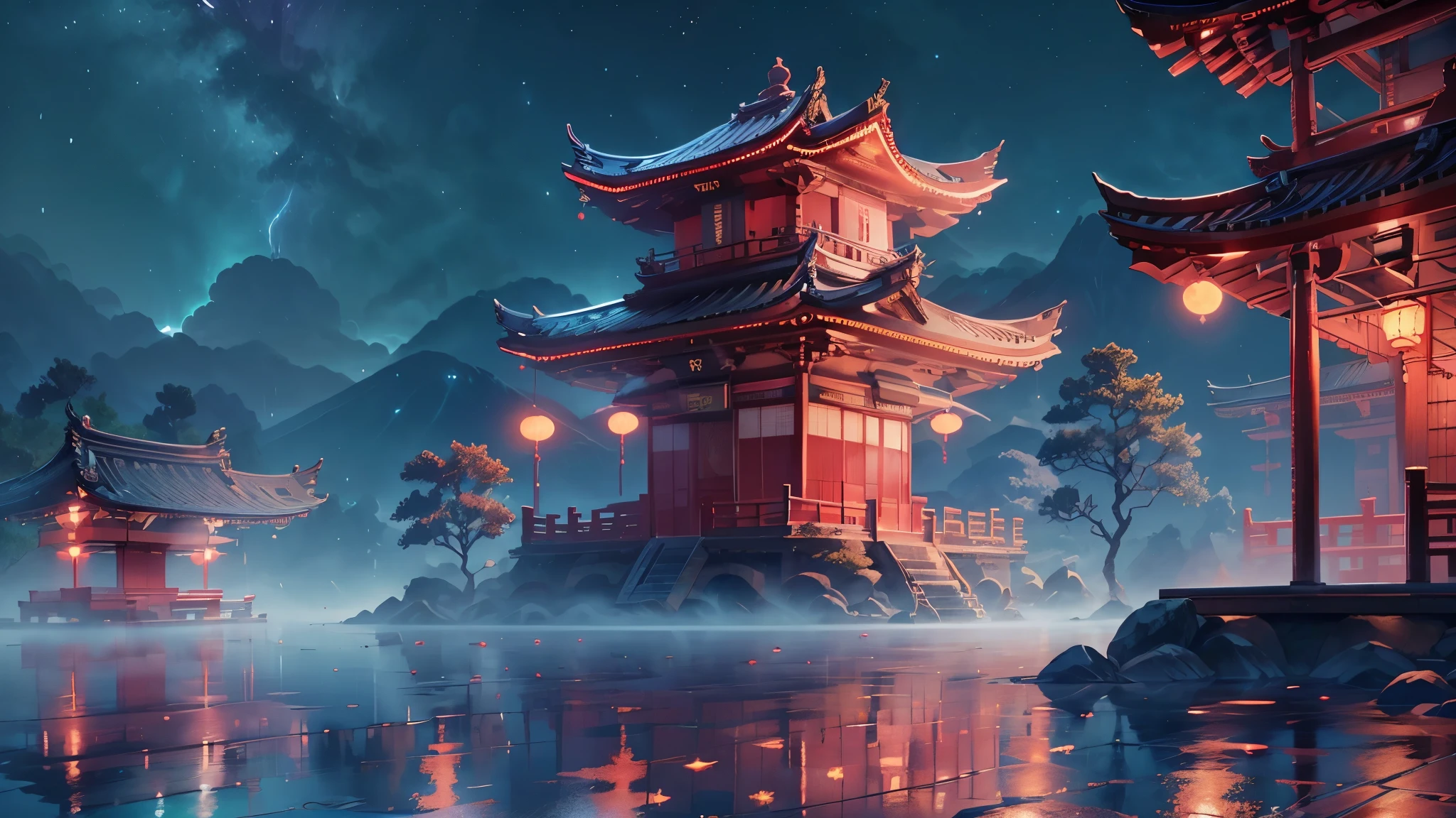 A Japanese temple with a red gate in front of that , no human, magestic clouds, night time, a meteor lightning in the night sky, with a full red moon