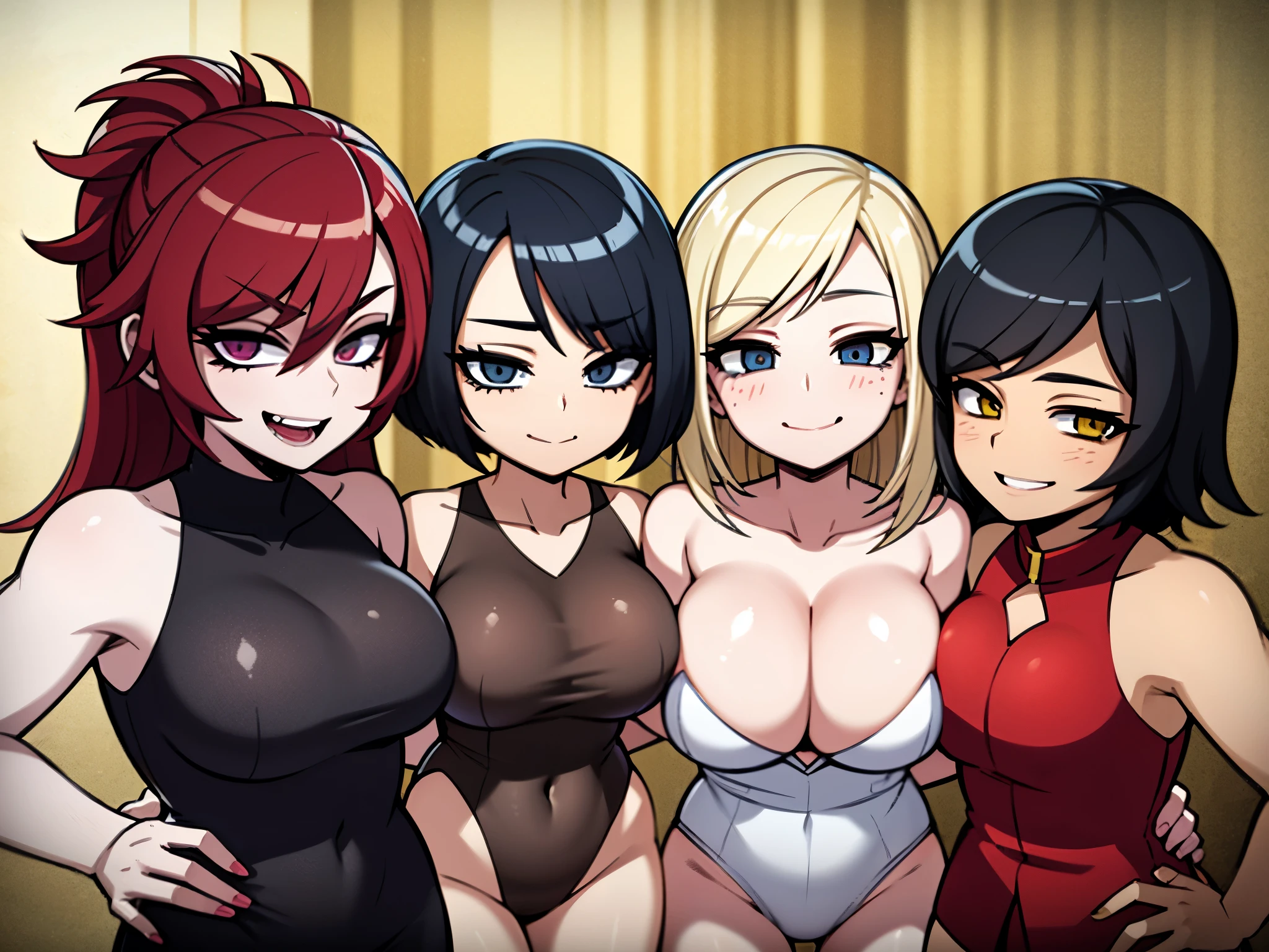 three  adult women who are lovers of 4 years old boy,  smiles