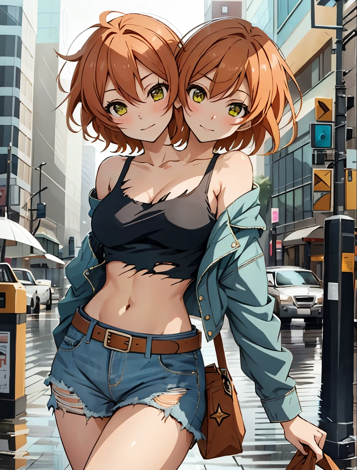 Hoshizora rin, Best Quality,(beauty), 1girl,phisically-based render ,ultra highres,(cowboy shot:1.5),narrow waist, skinny, big eyes,long legs,torn jeans,leather belt,small breasts,puffy eyes, leather belt,(rainy city), shiny skin, facing viewer, Victory posture,(midriff:0.7), sweating, flying sweat drops,off shoulder,(torn clothes:1.3), conjoined_dicephalus, (two heads:1.3)