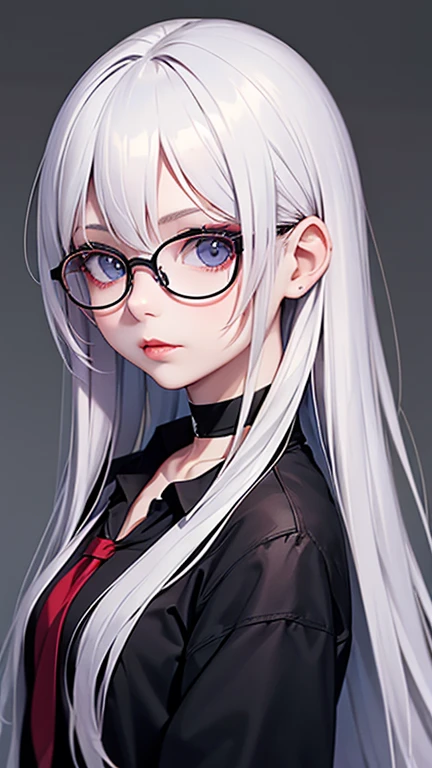 1girl, solo, glasses, long_hair, red_lips, white_hair, round_eyewear, black_shirt, closed_mouth, upper_body, looking_at_viewer, choker, grey_eyes, shirt, black-framed_eyewear, lips, letterboxed, blue_eyes