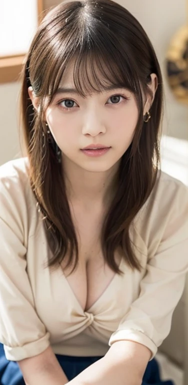Masterpiece、highest quality、8K，Ultra-high resolution、RAW Photos、UHD、日本people、beautiful girl、１people、woman, (Flower Hair Ornaments,Braided top knot,Twisted Side Part Ponytail Braided Headband,Half Up、Braided Space Van,Voluminous fishtail braid,Twisted pan),(Asymmetrical bangs)、 (Ultra Realistic),round face、 Fine and beautiful eyes, Lifted eyes、Big eyes、double eyelid、Thin eyebrows、Red around the eyes、Dolly Makeup、Thin lips, (Loose-fitting see-through blouse(beige color))、(Knitted micro mini skirt(Navy Blue)), A kind smile,  Professional photography, Cinematic Light, (Very beautiful face: 1.2),(Large Breasts:1.4)、Cleavage、Voluptuous thighs、Pictured from head to knee