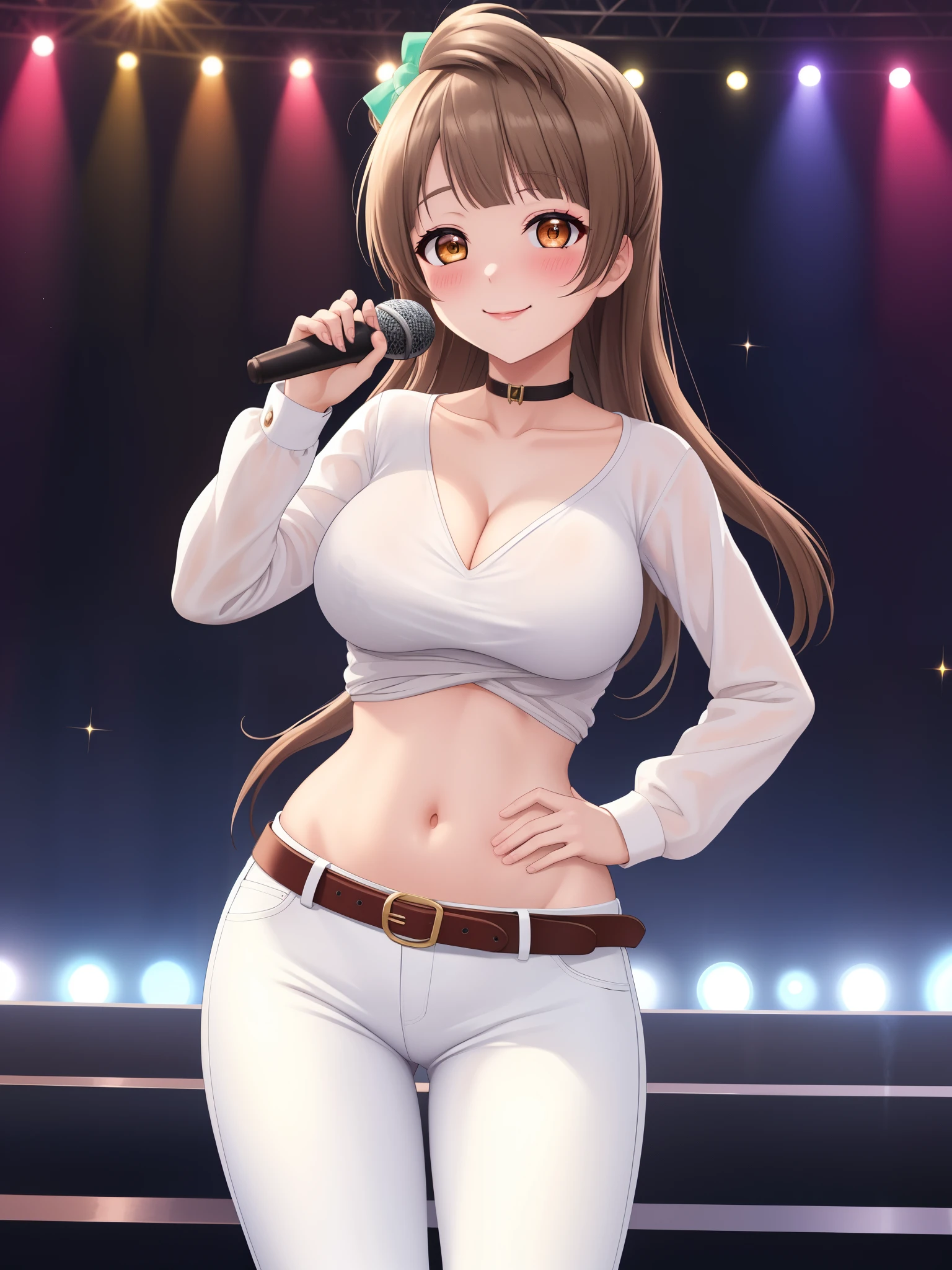 Masterpiece, best quality,Minami kotori,volumetric lighting, illustration, beautiful, tight , Blushing,breasts, blush, smile, bangs, large_breasts, shirt, long_sleeves, navel, holding, cleavage, closed_mouth, standing, collarbone, white_shirt, cowboy_shot, midriff, belt, pants, blunt_bangs, crop_top, hand_on_hip, sparkle, makeup, microphone, straight_hair, wide_hips, contrapposto, white_pants, music, holding_microphone, narrow_waist, cropped_shirt