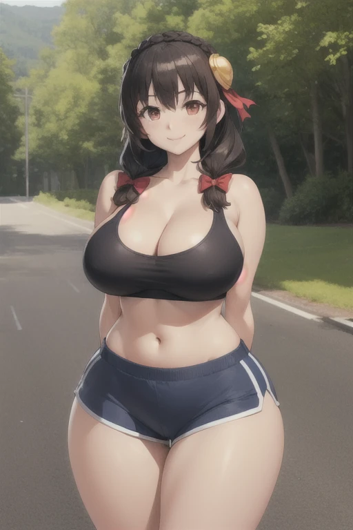 (masterpiece, best quality:1.2), solo, 1girl, yunyun, smile, looking at viewer, arms behind back, crown braid, hair ornament, hair bow, tight shorts, sport bra,  natural breasts, huge breasts, huge ass, huge thighs, narrow waist, wide hips, thick thighs, curvy, cleavage, outdoors, village