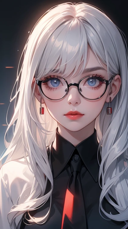 1girl, solo, glasses, long_hair, red_lips, white_hair, round_eyewear, black_shirt, closed_mouth, upper_body, looking_at_viewer, choker, grey_eyes, shirt, black-framed_eyewear, lips, letterboxed, blue_eyes