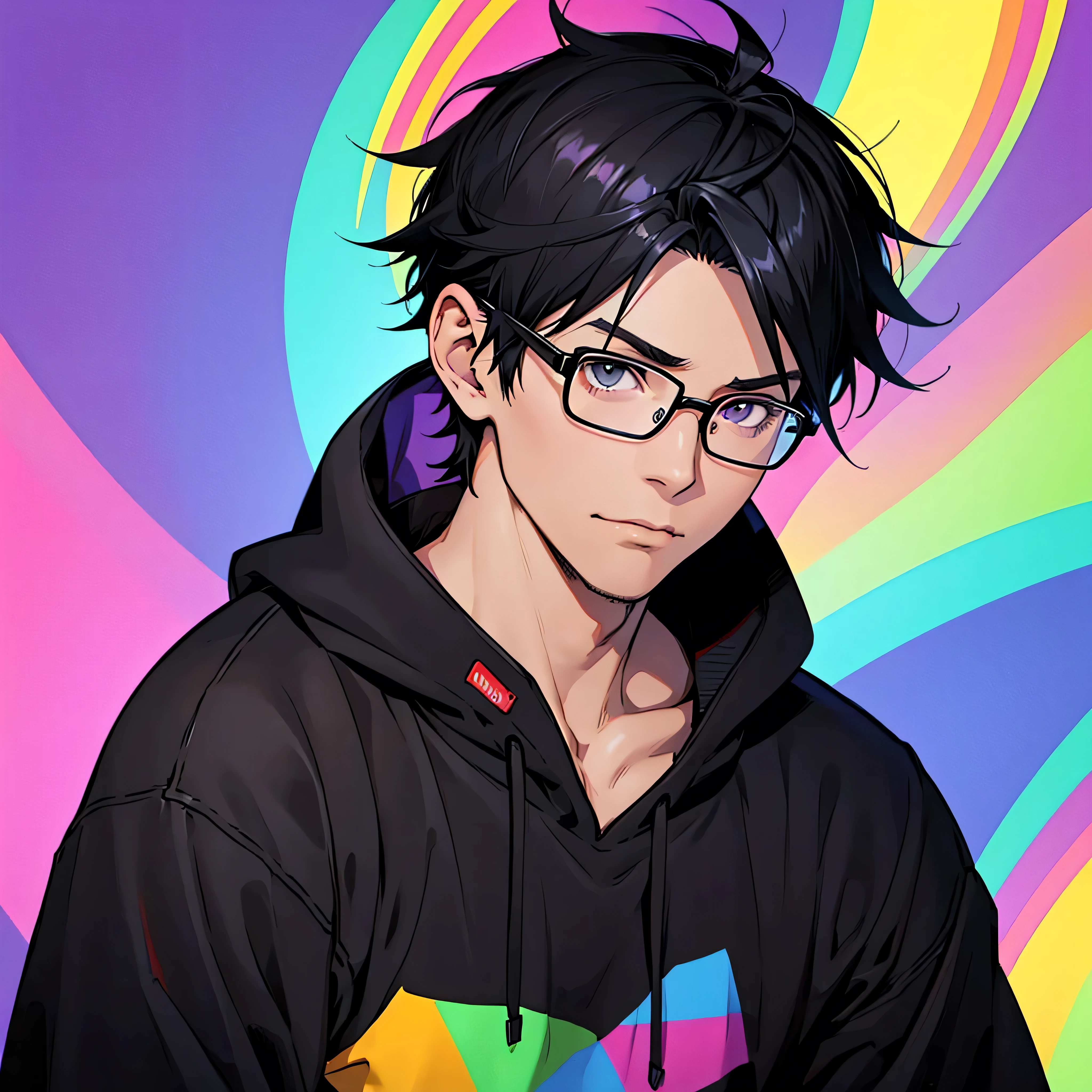 Anime style, gay boy, alone, glasses, black hair, short hair, black sweatshirt, shy, introvert, colorful background, multicolor background, rainbow background, face photo