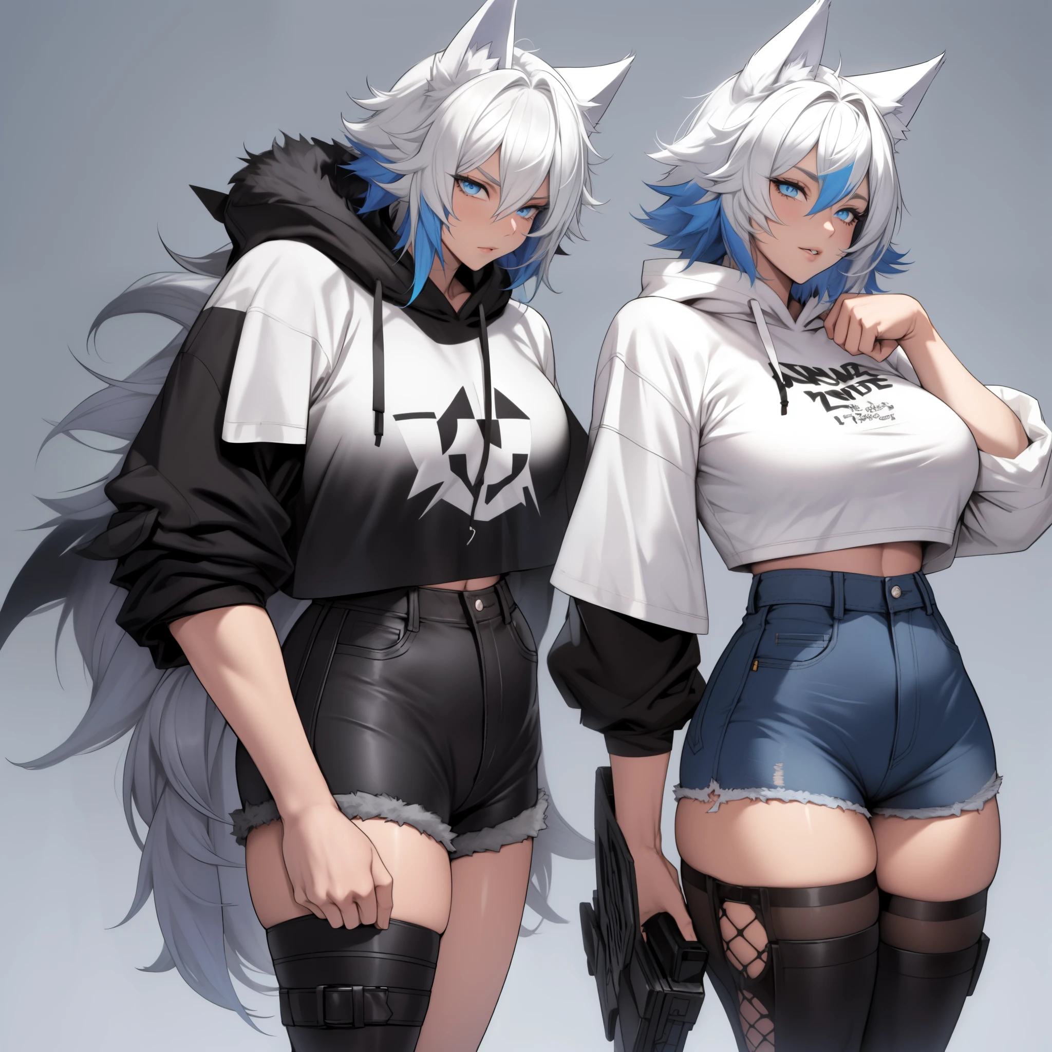 Single boy, Anime Femboy, Short, Long white hair, wolf ears, wolf tail, blue eyes, wearing short denim shorts, thigh high fishnets, black combat boots,wearing cropped fur lined hoodie, large chest, large flat chest, wearing cropped t-shirt, solo femboy, only one femboy ((LARGE CHEST)) solo, alone, (SOLO)(ALONE) thicc thighs, wide hips, blue eyes, perfect eyes, perfect face, pouty lips, happy, curvy, feint aura, multi colored backround,