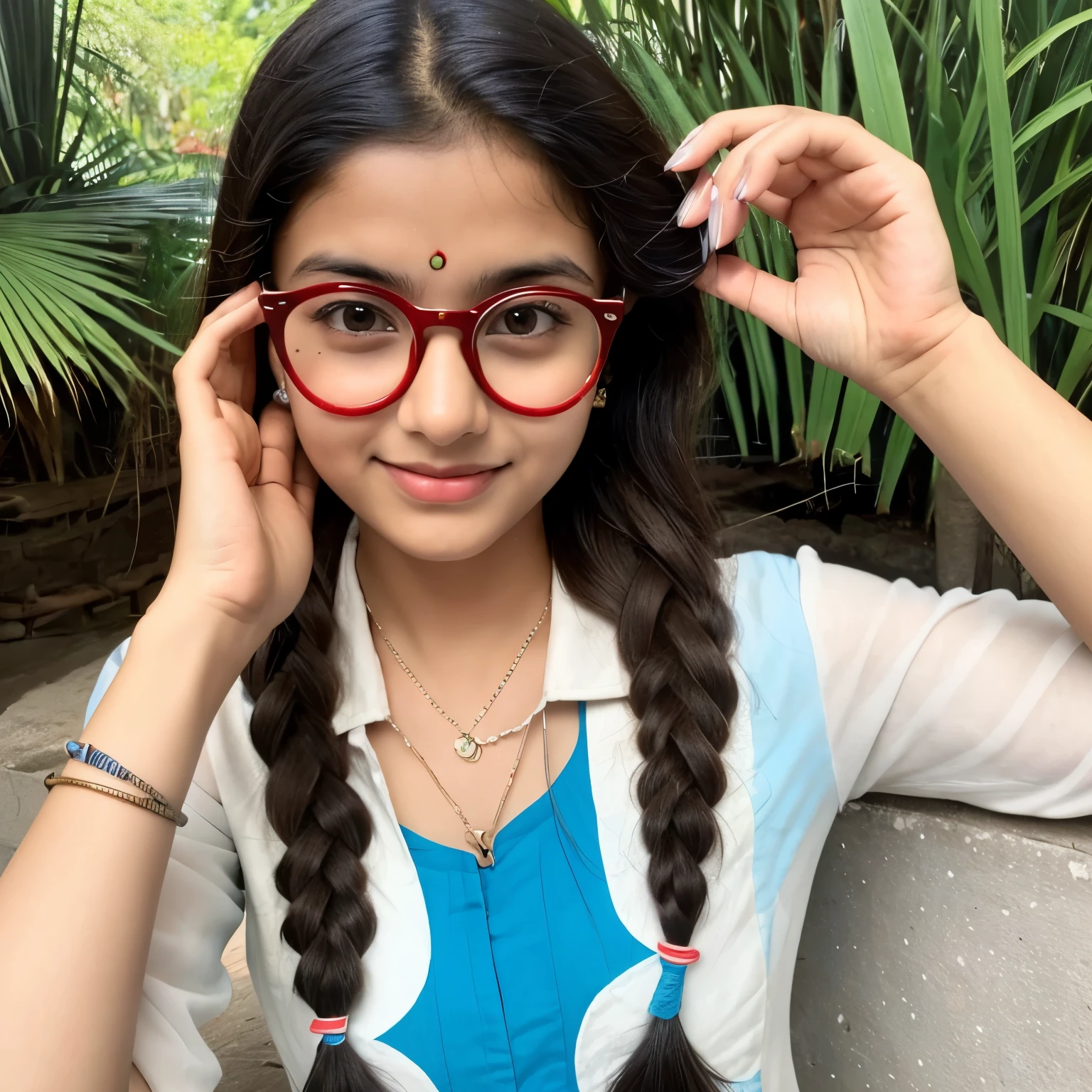 Indian cute teenage girl, wearing specs, wearing a small red bindi, wearing a light blue kurti and white pant, giving pose for Instagram post