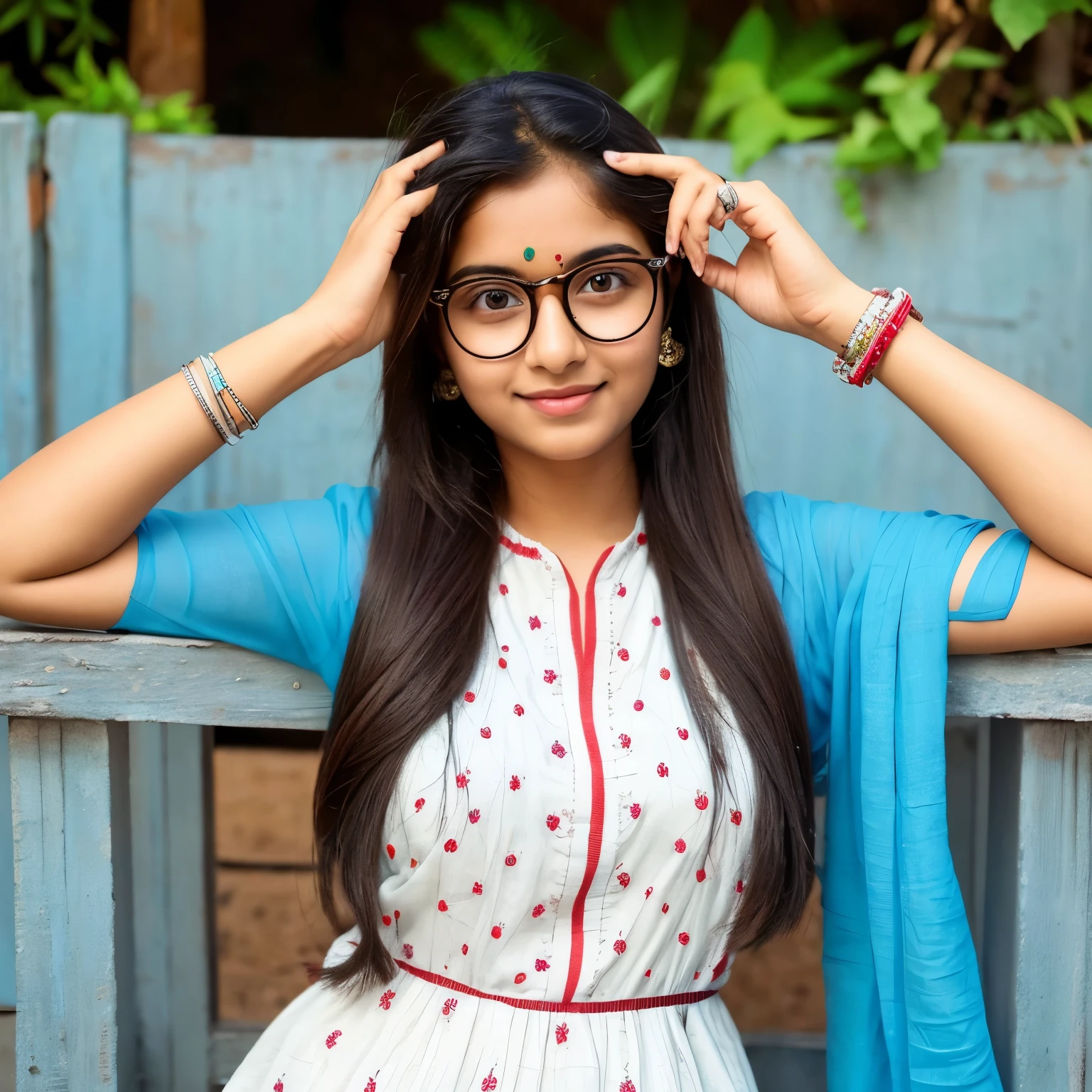 Indian cute girl, wearing specs, wearing a small red bindi, wearing a light blue kurti and white pant, giving pose for Instagram post