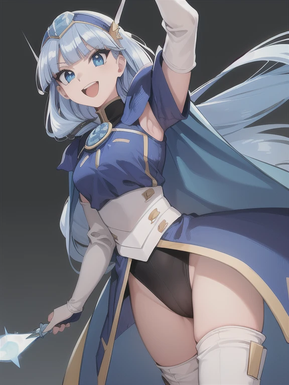 , 1 chica en, hermosa una chica, ojos ultradetallados, maduro, Diadema para el pelo, Armadura azul, armadura de hombro, manto azul, arboledas de codo, Leotard, muslos blancos, (dynamic poses:1.27),1. Tocado de Niña Umi Uzaki, Armadura azul, armadura de hombro, manto azul, arboledas de codo, Leotard, muslos blancos, (happy expression:1.52), ojos enfocados,
