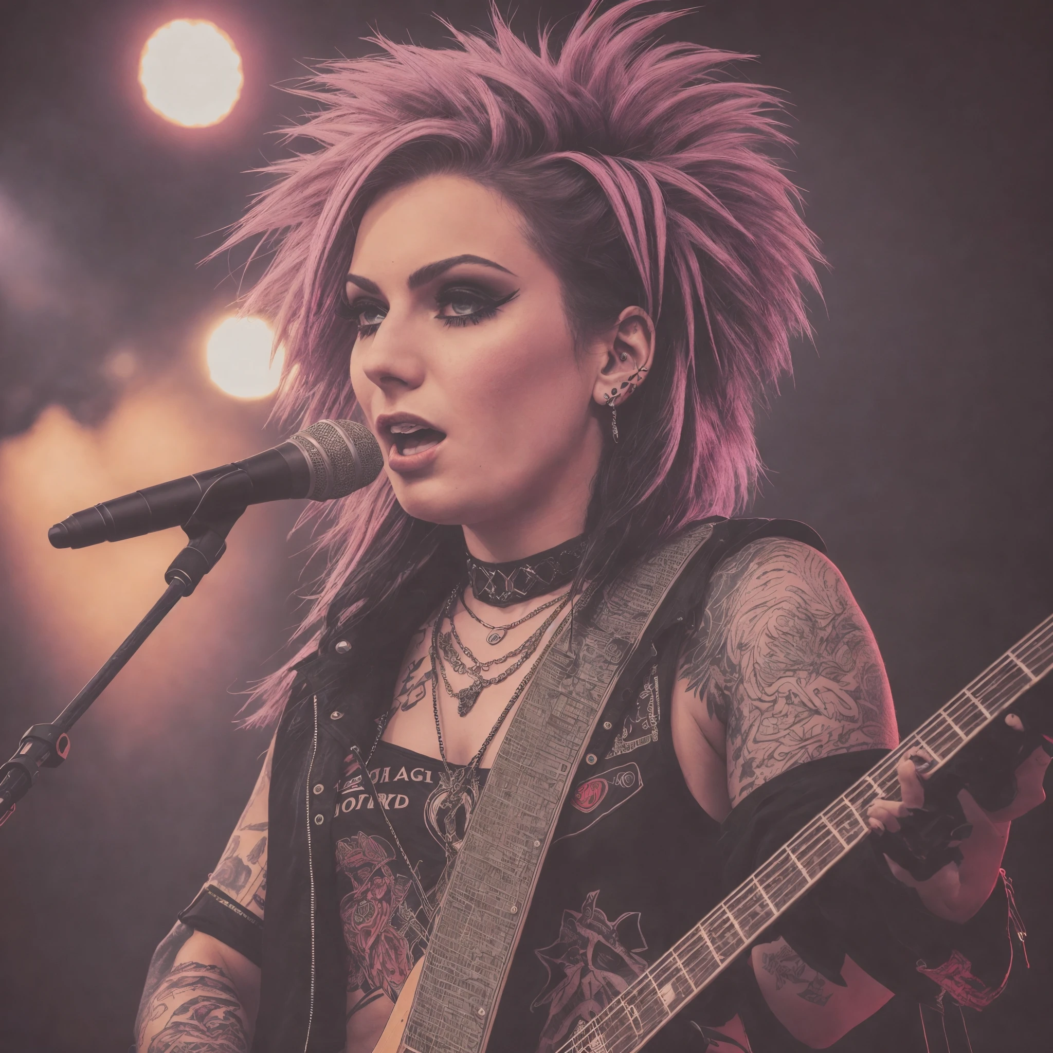 ((Detailed Fender Precision Base:1.3))、Only one base、 (masterpiece:1.2, best quality), (real picture, intricate details), (1lady, solo, upper body, big tits) Clothes: edgy, avant-garde, experimental Appearance: shaved head or bold hair color, dramatic makeup, unconventional fashion choices Behavior: rebellious, non-conformist, provocative Location: urban art district, underground music scene Hobbies: attending punk shows, creating mixed media art, experimenting with different subcultures Values: individuality, authenticity, creative expression Inspirations: punk rock music, counterculture icons, avant-garde art movements Personality traits: bold, daring, unconventional.