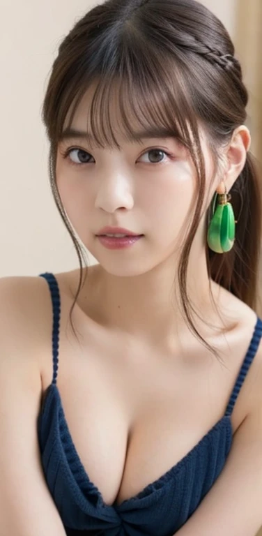 Masterpiece、highest quality、8K，Ultra-high resolution、RAW Photos、UHD、日本people、beautiful girl、１people、woman, (Flower Hair Ornaments,Braided top knot,Twisted Side Part Ponytail Braided Headband,Half Up、Braided Space Van,Voluminous fishtail braid,Twisted pan),(Asymmetrical bangs)、 (Ultra Realistic),round face、 Fine and beautiful eyes, Lifted eyes、Big eyes、double eyelid、Thin eyebrows、Red around the eyes、Dolly Makeup、Thin lips, (Loose-fitting see-through blouse(beige color))、(Knitted micro mini skirt(Navy Blue)), A kind smile,  Professional photography, Cinematic Light, (Very beautiful face: 1.2),(Large Breasts:1.4)、Cleavage、Voluptuous thighs、(right eye(green))、(left eye(green))、A photo showing you from head to knees