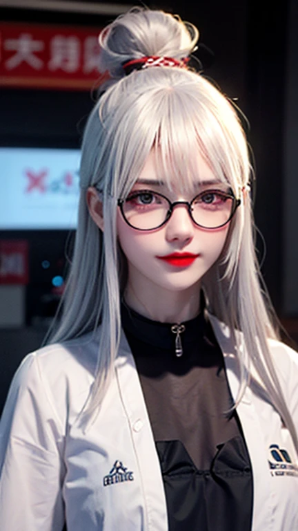 1girl, solo, glasses, long_hair, red_lips, white_hair, round_eyewear, black_shirt, closed_mouth, upper_body, looking_at_viewer, choker, grey_eyes, shirt, black-framed_eyewear, lips, letterboxed, blue_eyes