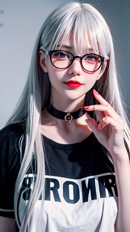 1girl, solo, glasses, long_hair, red_lips, white_hair, round_eyewear, black_shirt, closed_mouth, upper_body, looking_at_viewer, choker, grey_eyes, shirt, black-framed_eyewear, lips, letterboxed, blue_eyes